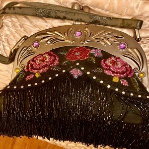 Vintage Beaded Pocketbook - Black 13.5" wide x 10" long and 3" depth at bottom.